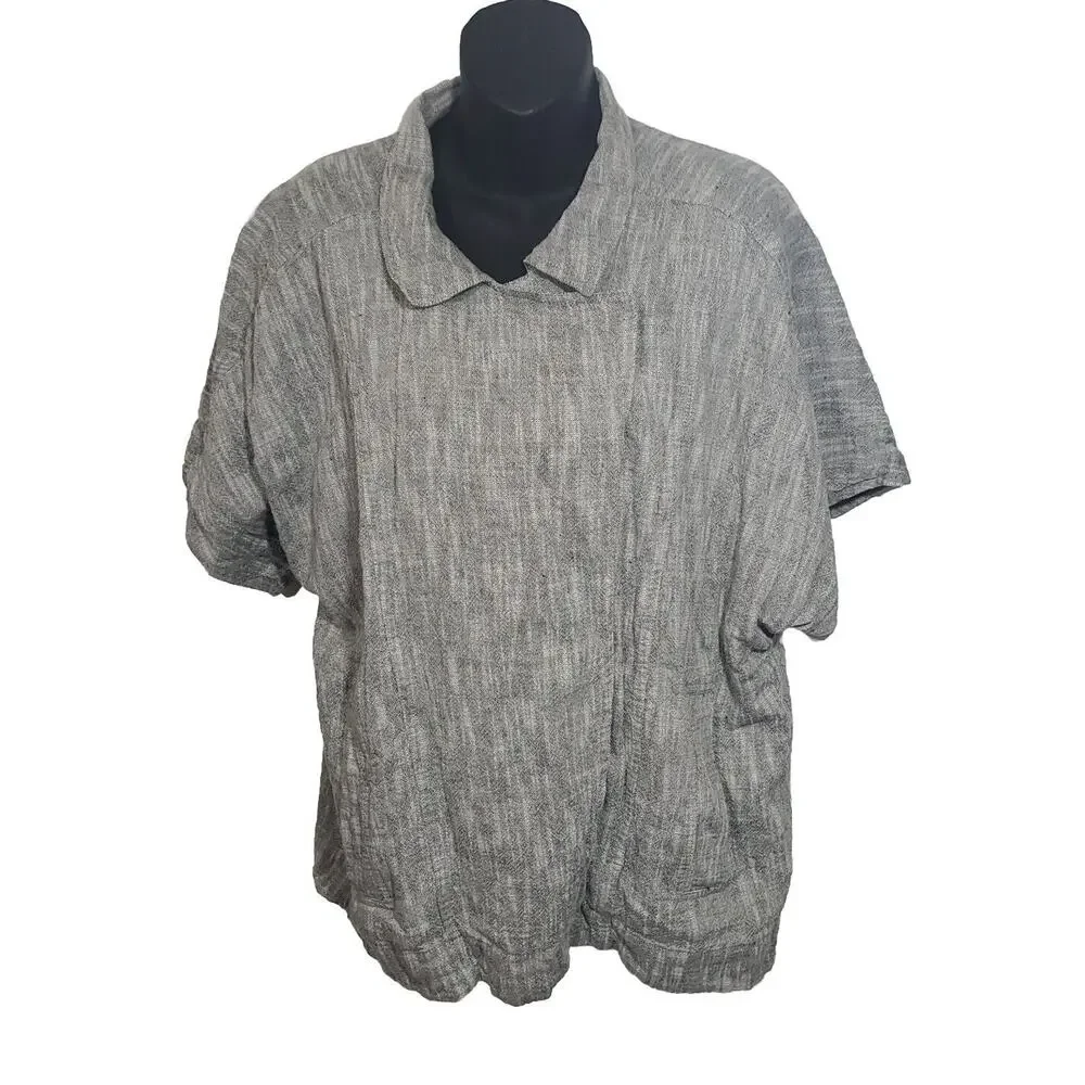 Eileen Fisher M Gauzy Linen Blend Short Dolman Sleeve Pockets Snap Closure Top